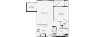 A floor plan of a house with a deck, living/dining room, kitchen, bath, and bedroom.