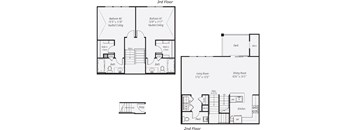 A floor plan shows a 3rd floor with two bedrooms and a living area, and a 2nd floor with a dining area, kitchen, and bathroom.