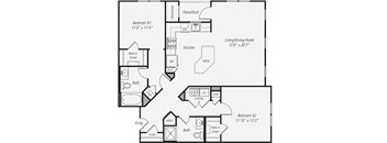 A floor plan of a home with two bedrooms, a living/dining room, a kitchen, a laundry room, and a bathroom.