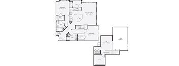 A black and white floor plan of a house with a deck, two bathrooms, a kitchen, a living room, a dining room, and a bedroom.