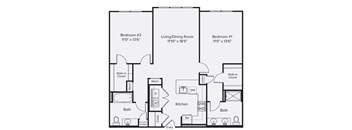 A black and white image of a floor plan for a home with two bedrooms, a living/dining room, a kitchen, and two bathrooms.