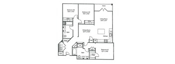 A floor plan of a house with three bedrooms, a deck, a dining room, a living room, a kitchen, a bath, a laundry area, and a garage.