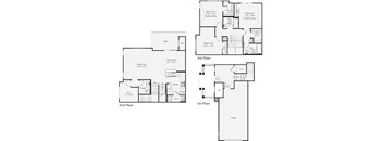 A floor plan of a house with three floors and labeled rooms.