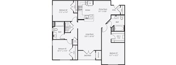 A black and white image of a floor plan for a house with four bedrooms, a living room, a kitchen, a dining room, a bathroom, and a deck/patio.