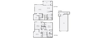 A floor plan of a three-story residential building with a garage.
