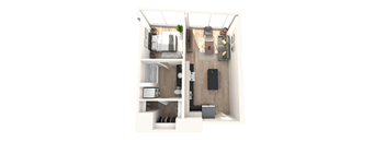 A top-down view of a small apartment with a kitchen, living room, and bathroom.