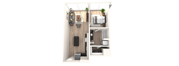 A modern kitchen with a black fridge and a white oven.