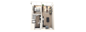 A top-down view of a small, neatly organized apartment with a kitchen, living room, and bathroom.
