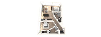A top down view of a small apartment with a kitchen, living room, and bedroom.
