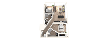 A top down view of a small apartment with a kitchen, living room, and bedroom.