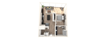 A top-down view of a small apartment with a kitchen, living room, and bedroom.