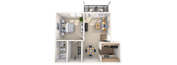 A 3D floor plan of a small apartment with a kitchen, living room, and bathroom.