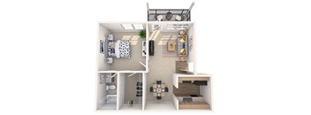 A 3D rendered image of a small apartment layout.