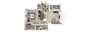 A 3D floor plan of a house showing a kitchen, living room, and two bedrooms.