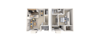A 3D floor plan of a small apartment showing two bedrooms and a living area.