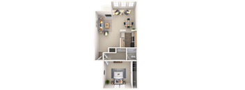 A 3D floor plan of a house with a kitchen, living room, and bedrooms.