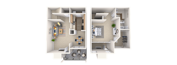 Two images of a dollhouse interior with furniture and decorations.