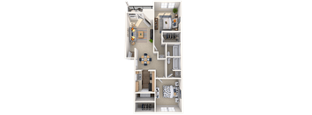 A detailed 3D floor plan of a small apartment.
