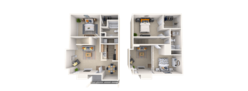 Two floor plan images of a house with a kitchen, living room, bedrooms, and bathrooms.