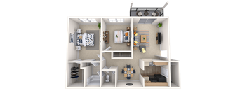 A 3D rendered image of a small apartment layout.
