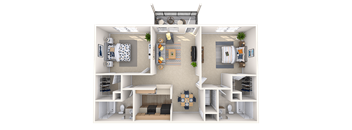 A 3D rendered image of a small apartment layout.