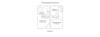A floor plan of a two bedroom townhouse with a living room, kitchen, and two bathrooms.