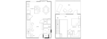 A floor plan of a house with a kitchen, living room, bathroom, bedroom, and loft.