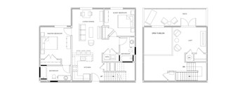 A floor plan of a house with a living room, dining room, kitchen, and bathrooms.