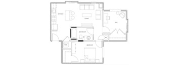 A floor plan of a house with a kitchen, living room, den, bathroom, and bedroom.