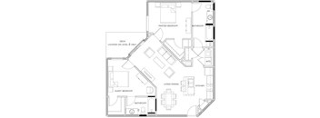 A floor plan of a house with a master bedroom, bathroom, living-dining area, kitchen, guest bedroom, and a deck.