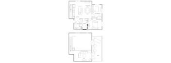 A floor plan of a house with a kitchen, living room, and two bedrooms.