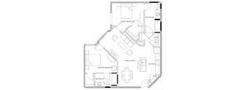 A floor plan of a house with a living room, dining room, kitchen, and three bedrooms.