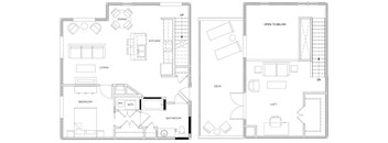 A floor plan of a two-story house with a living room, dining room, kitchen, bedroom, bathroom, and loft.
