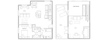 A floor plan of a two-story house with a living room, dining room, kitchen, bedroom, and loft.