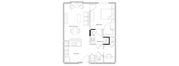 A black and white floor plan of a small apartment with a living room, kitchen, bedroom, and bathroom.