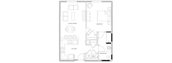 A floor plan of a house with labeled rooms including a kitchen, living room, and bathroom.
