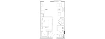 A floor plan of a house with a kitchen, living room, bedroom, and bathroom.