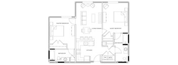 A floor plan of a house with a master bedroom, a living-dining area, a guest bedroom, a kitchen, and two bathrooms.