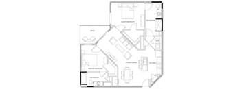 A black and white floor plan of a house with a master bedroom, a living room, a kitchen, a bathroom, a guest bedroom, and a deck.