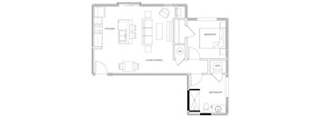 A floor plan of a house with a kitchen, living room, dining room, bedroom, and bathroom.