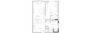 A floor plan of a small apartment with a living area, kitchen, bathroom, and bedroom.