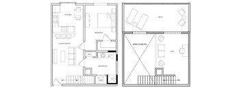 A floor plan of a house with a kitchen, living room, bedrooms, bathroom, deck, and open to below.