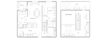 A floor plan of a house with a balcony, kitchen, living room/dining area, bedroom, bathroom, and loft.