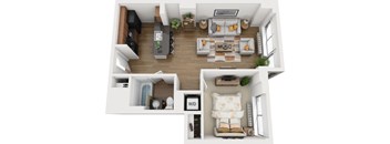 A top-down view of a living room with a couch, coffee table, and television.