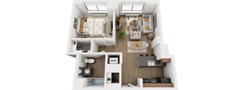 A 3D floor plan of a small apartment with a bedroom, living room, and kitchen.