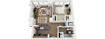 A top-down view of a small apartment with a kitchen, living room, and bedroom.