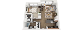 A top-down view of a small apartment layout with a living room, kitchen, and bedroom.