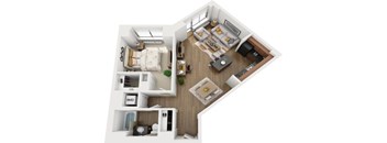 A top-down view of a small apartment with a living room, kitchen, and bedroom.