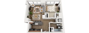 A top-down view of a small apartment with a living room, kitchen, and bathroom.
