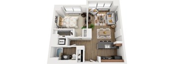 A top-down view of a small apartment with a kitchen, living room, and bedroom.